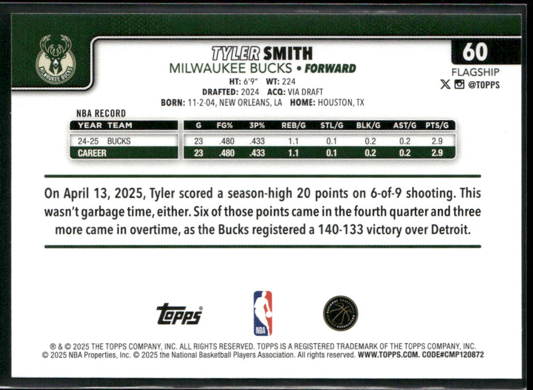 Tyler Smith 2025-26 Topps #60 Milwaukee Bucks back