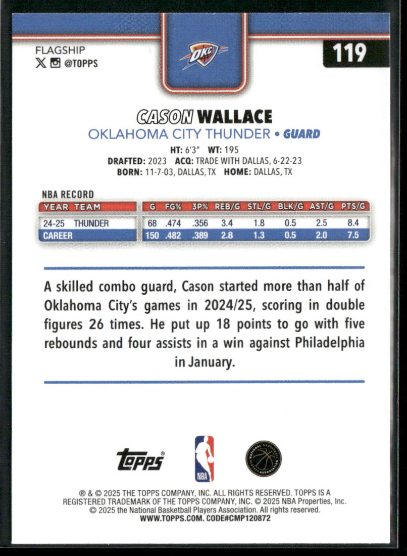 Cason Wallace 2025-26 Topps #119 Oklahoma City Thunder back