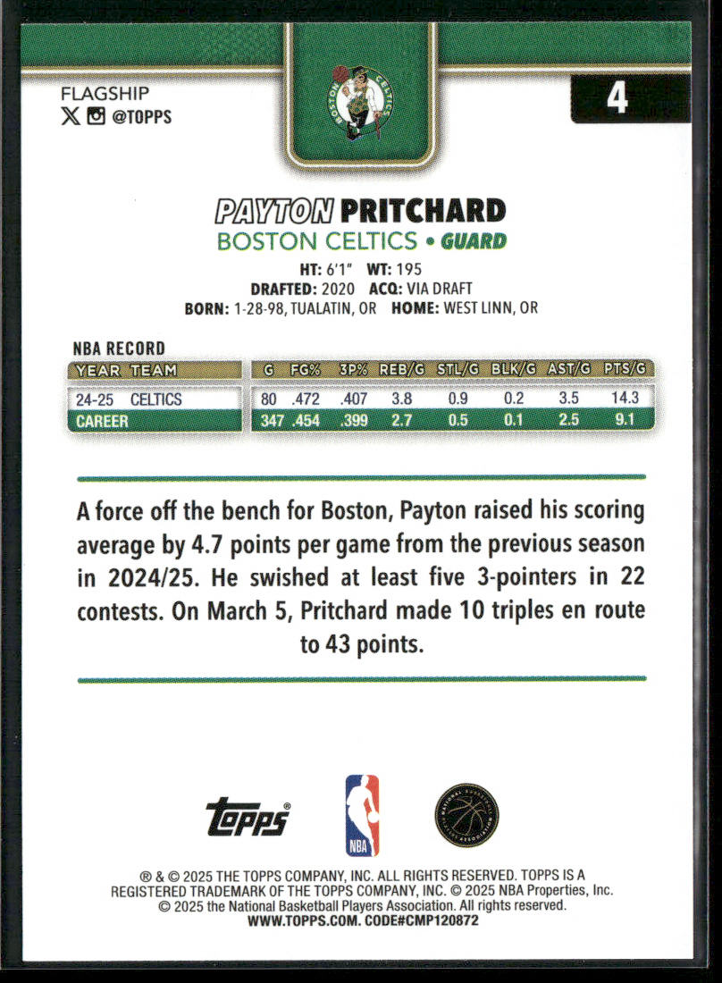 Payton Pritchard 2025-26 Topps #4 Boston Celtics back
