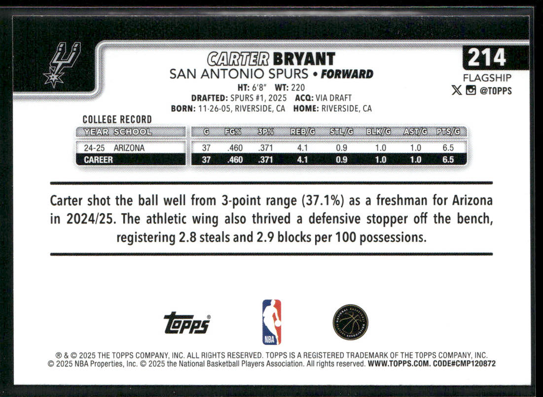 Carter Bryant 2025-26 Topps #214 RC San Antonio Spurs back