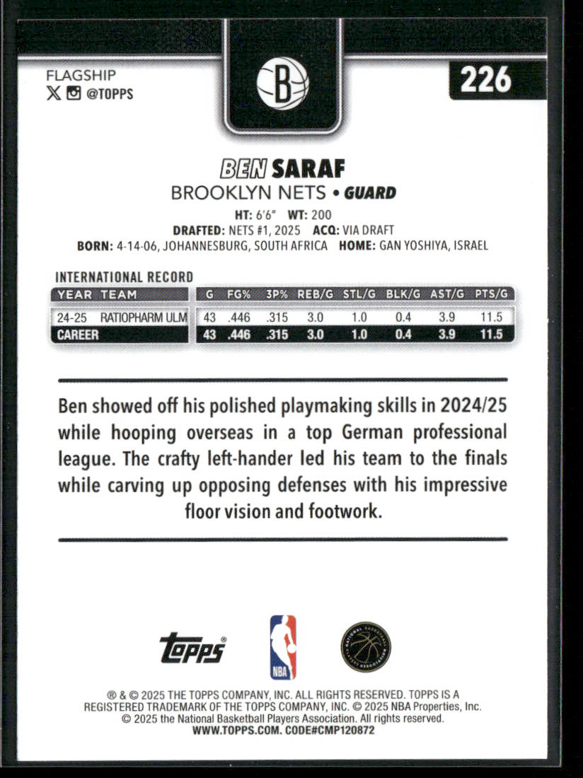 Ben Saraf 2025-26 Topps #226 RC Brooklyn Nets back