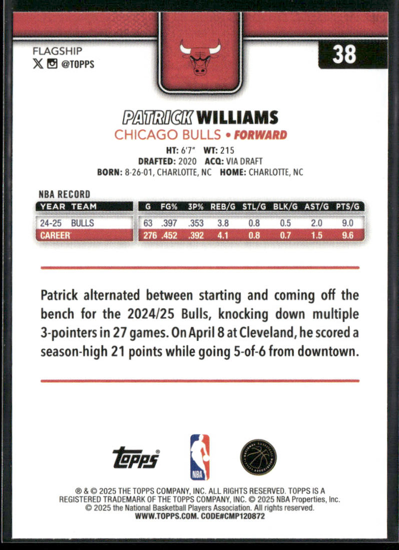 Patrick Williams 2025-26 Topps #38 Chicago Bulls back
