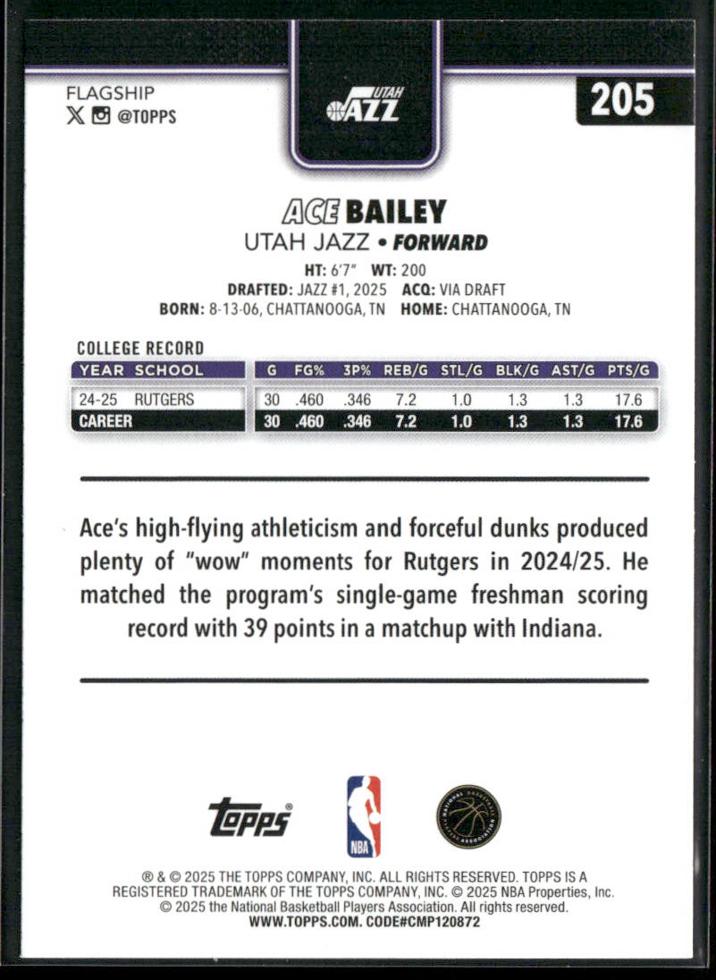 Ace Bailey 2025-26 Topps Season Tip Off #205 RC Utah Jazz
