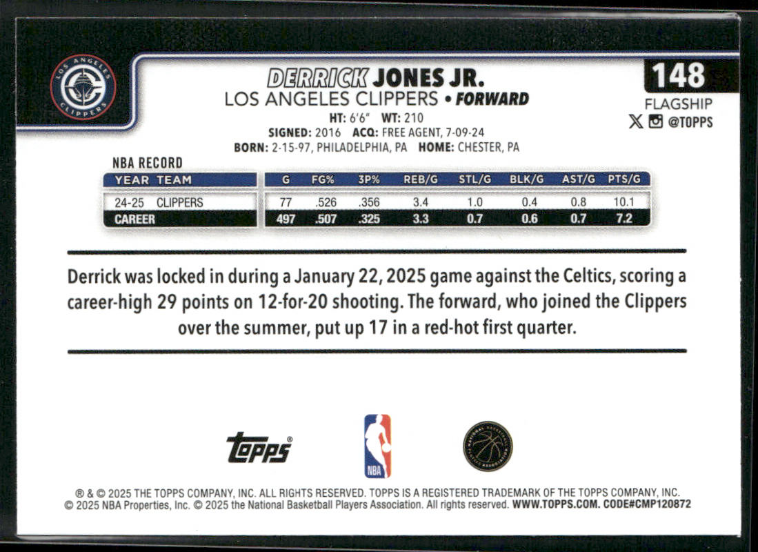 Derrick Jones Jr. 2025-26 Topps #148 Los Angeles Clippers back