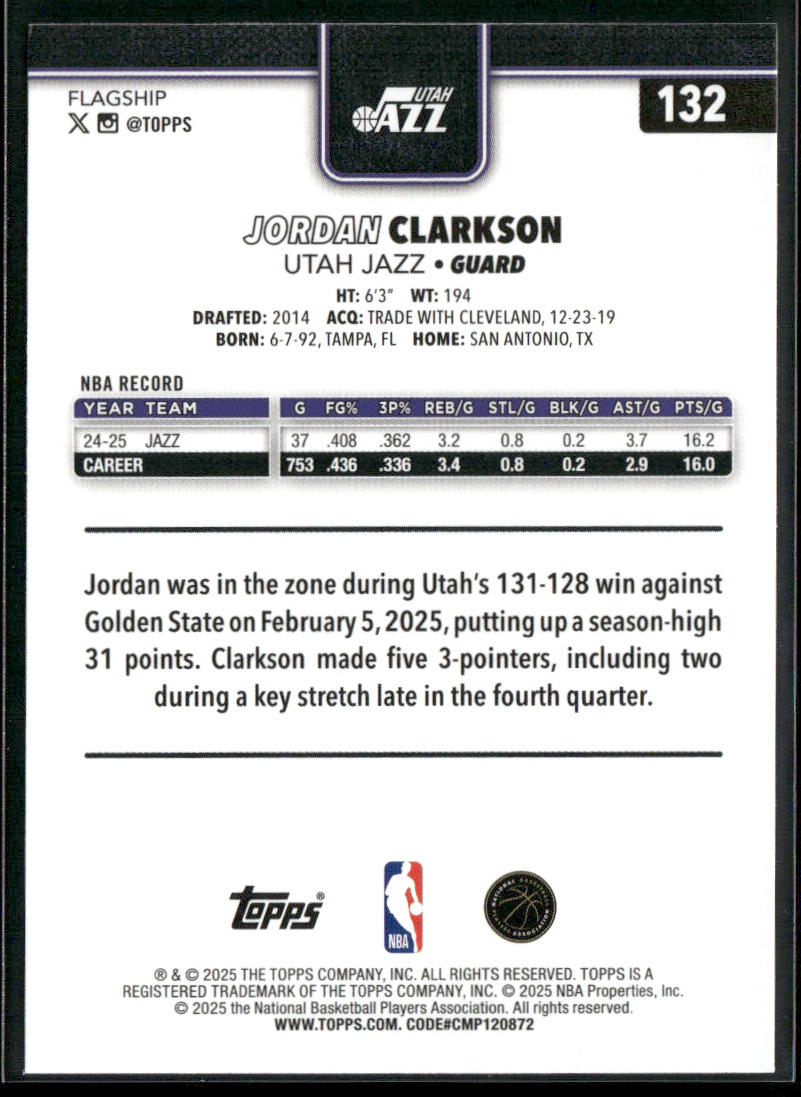 Jordan Clarkson 2025-26 Topps #132 Utah Jazz back