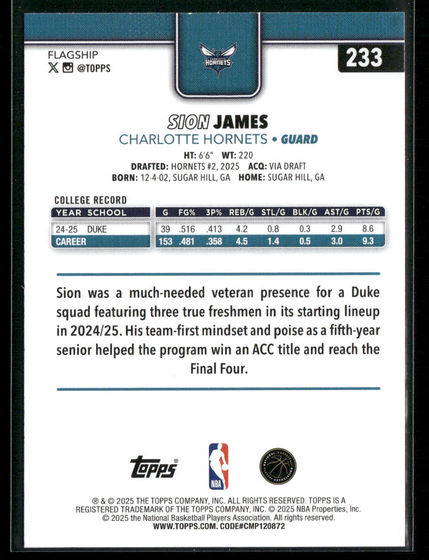 Sion James 2025-26 Topps #233 RC Charlotte Hornets back