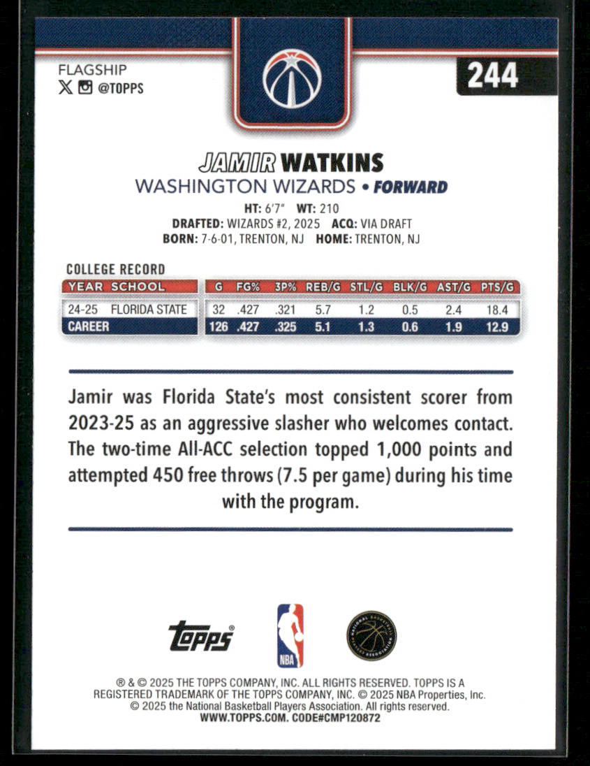 Jamir Watkins 2025-26 Topps #244 RC Washington Wizards back