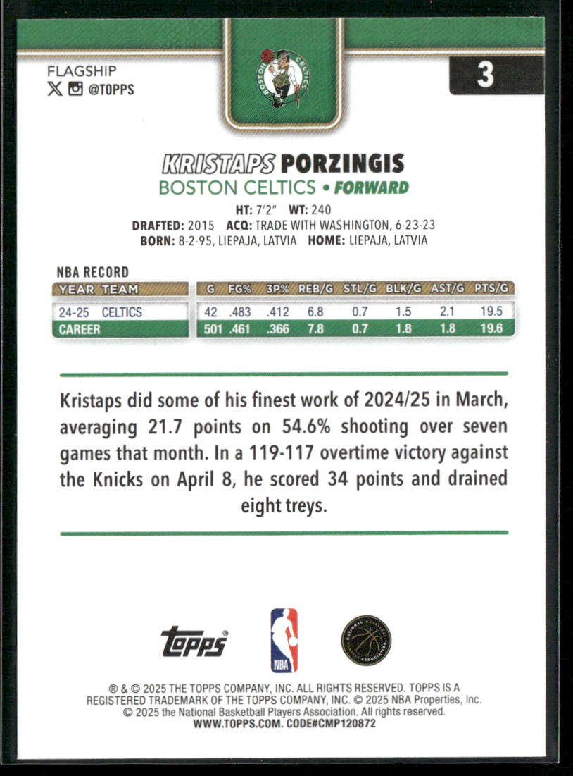 Kristaps Porzingis 2025-26 Topps #3 Boston Celtics back