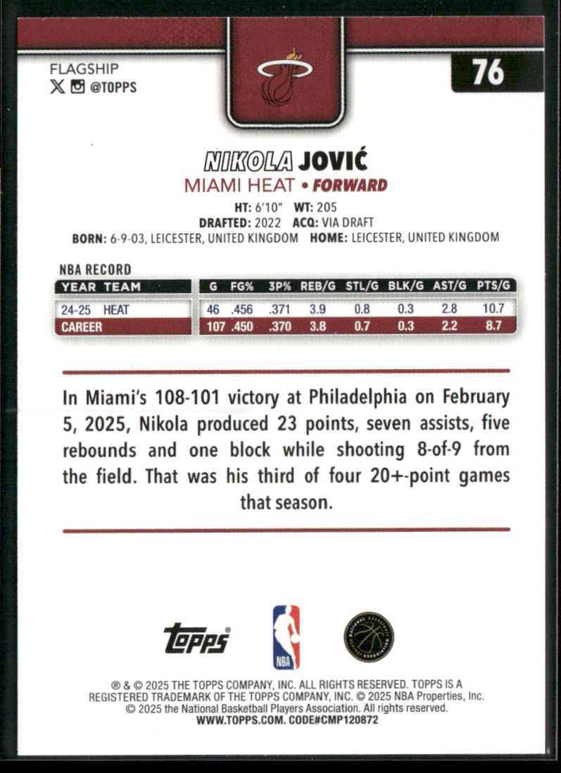 Nikola Jović 2025-26 Topps #76 Miami Heat back
