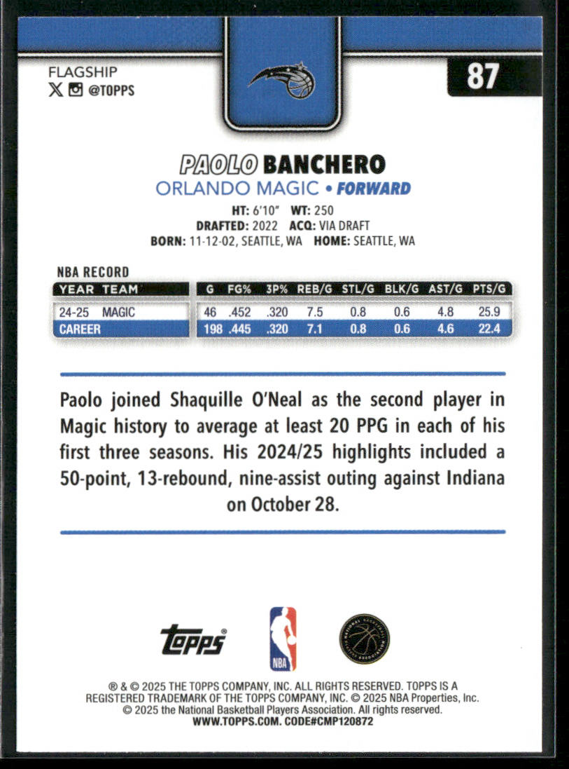 Paolo Banchero 2025-26 Topps #87 Orlando Magic back