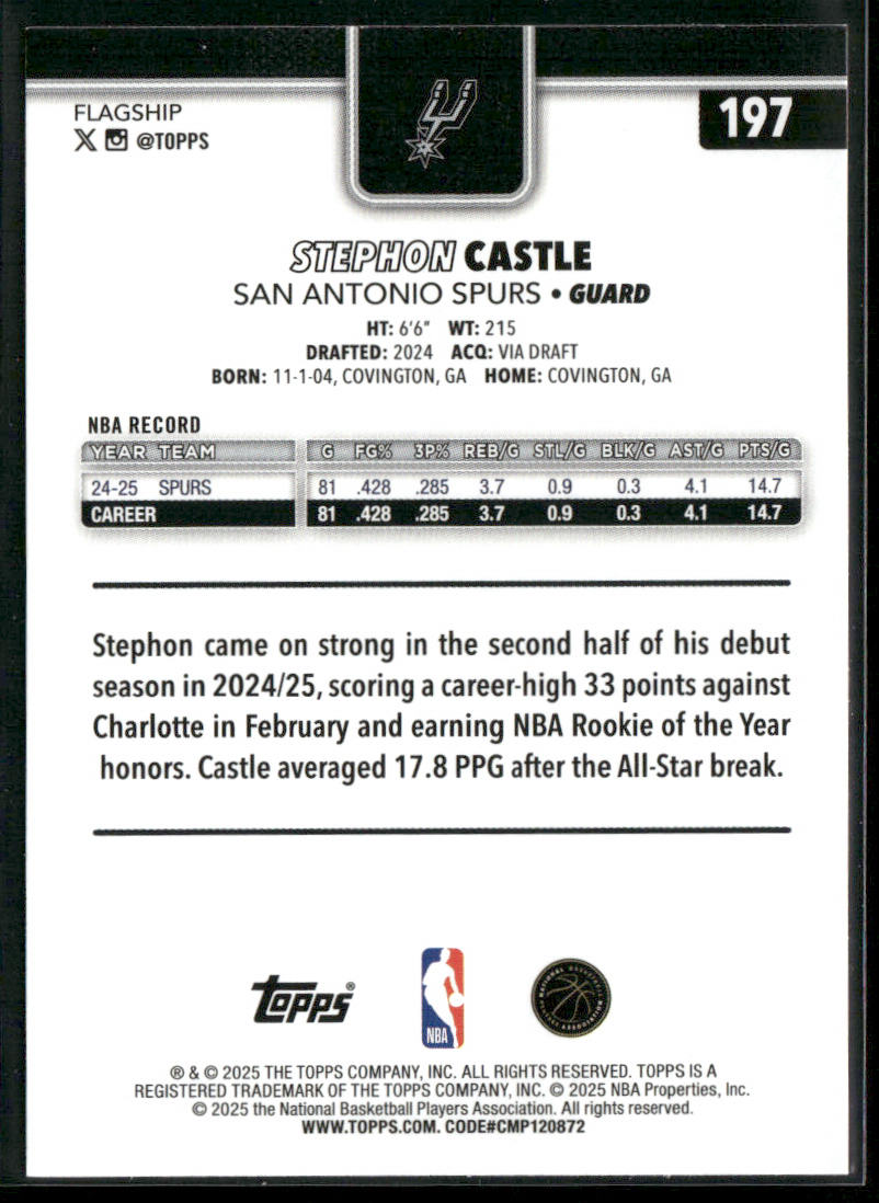 Stephon Castle 2025-26 Topps #197 San Antonio Spurs back