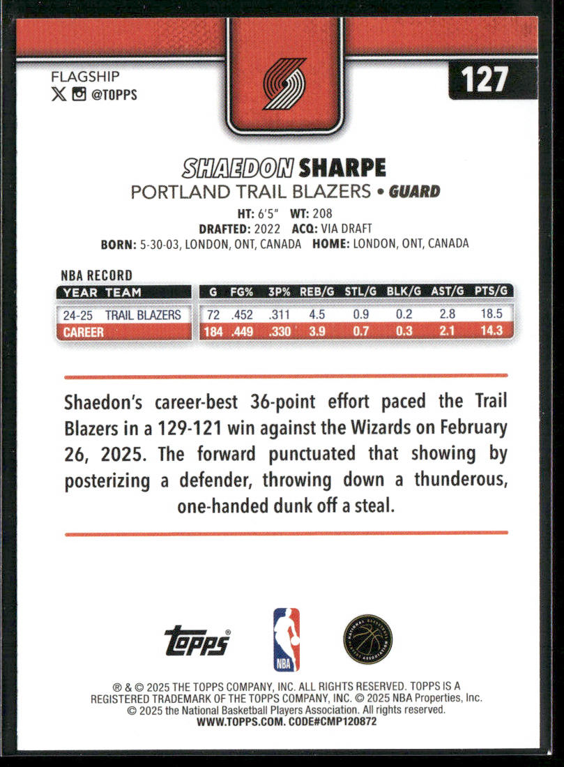 Shaedon Sharpe 2025-26 Topps #127 Portland Trail Blazers back