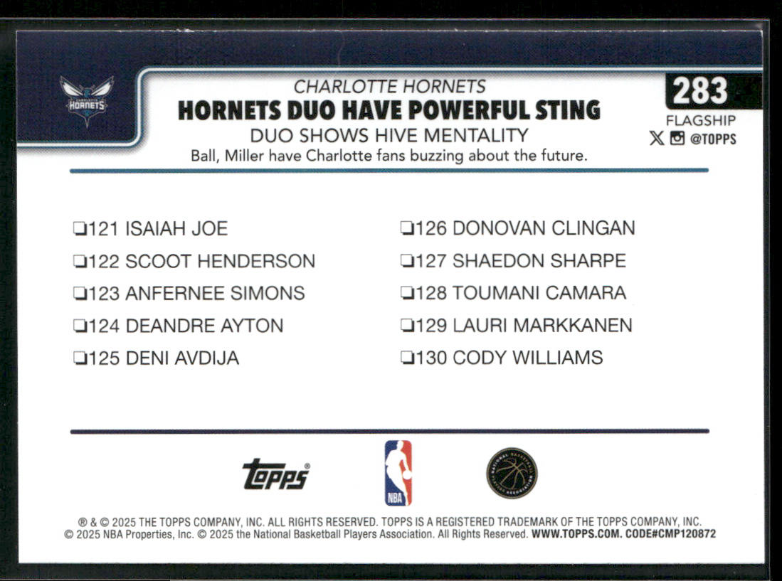 Hornets Duo Have Powerful Sting: Duo Shows Hive Mentality 2025-26 Topps #283 back