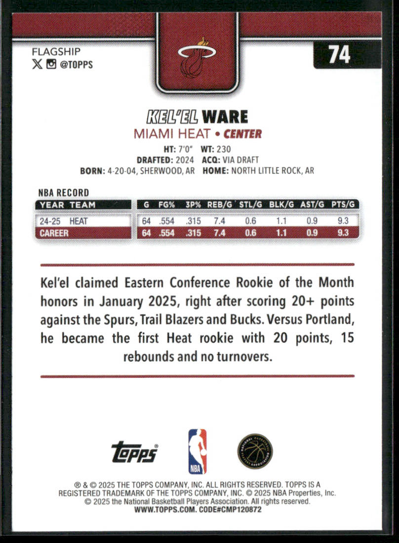 Kel'el Ware 2025-26 Topps #74 Miami Heat back