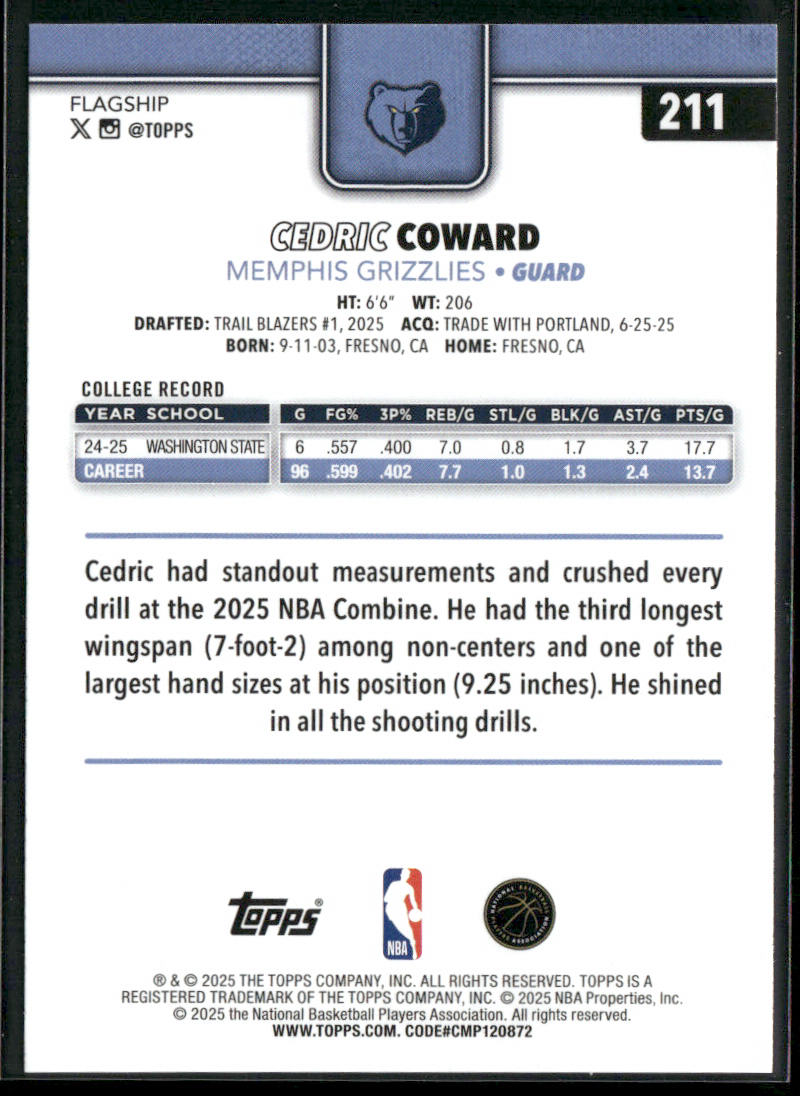 Cedric Coward 2025-26 Topps #211 RC Memphis Grizzlies back