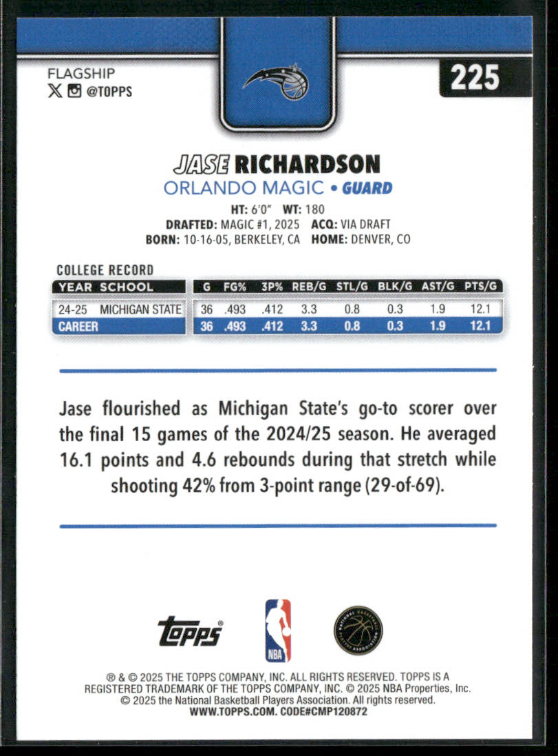 Jase Richardson 2025-26 Topps #225 RC Orlando Magic back