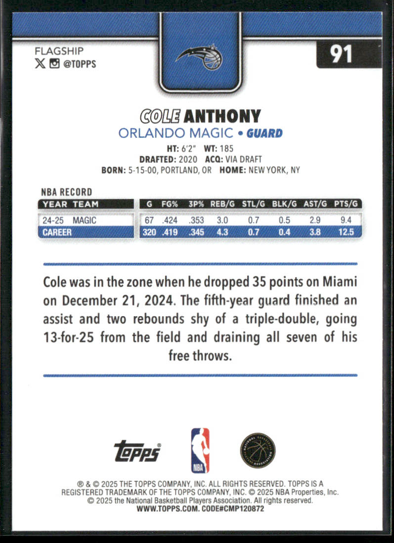 Cole Anthony 2025-26 Topps #91 Orlando Magic back