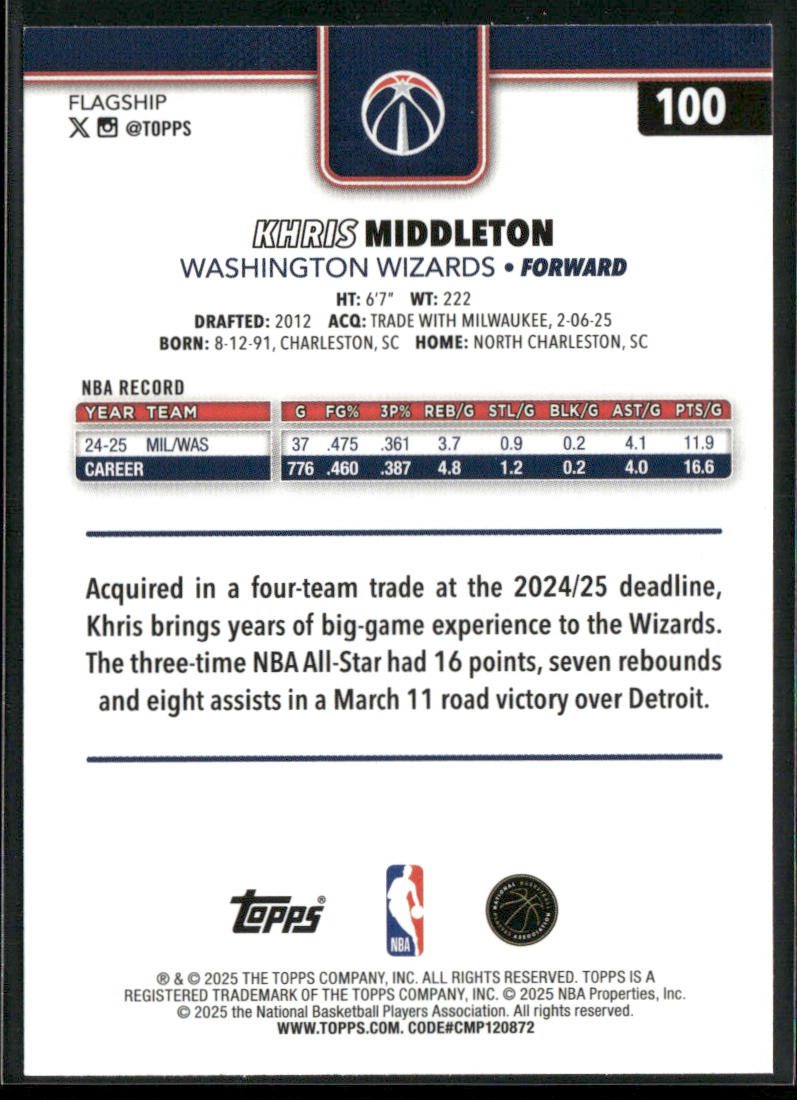 Khris Middleton 2025-26 Topps #100 Washington Wizards back