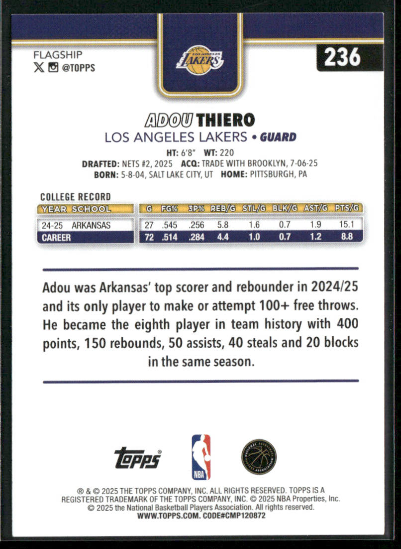 Adou Thiero 2025-26 Topps #236 RC Los Angeles Lakers back