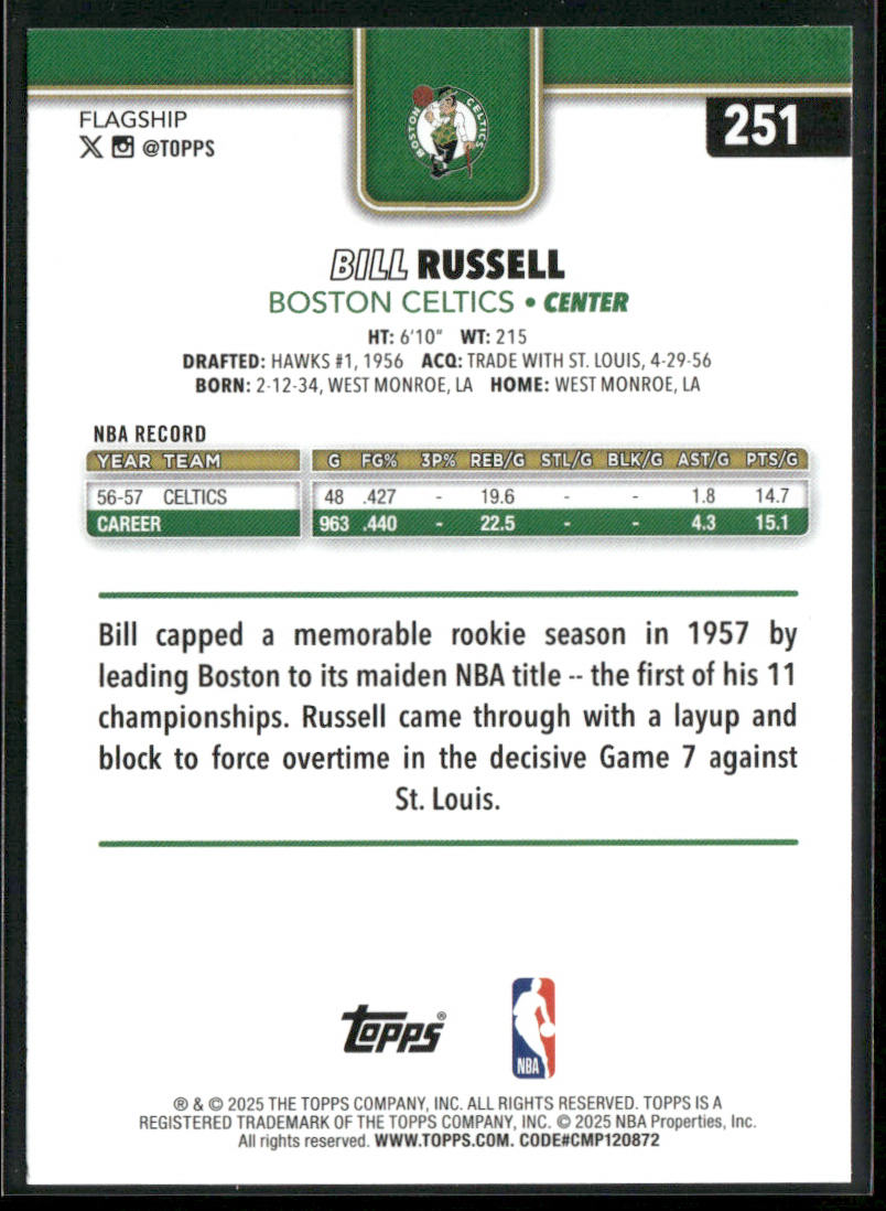 Bill Russell 2025-26 Topps #251 Boston Celtics back
