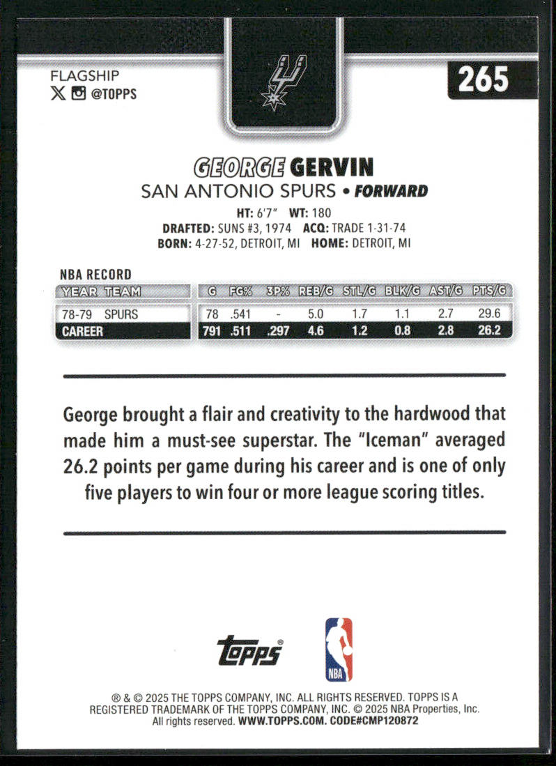 George Gervin 2025-26 Topps #265 San Antonio Spurs back