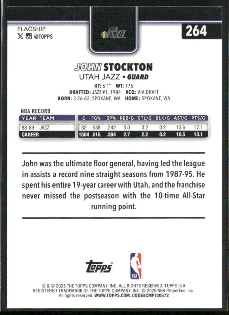 John Stockton 2025-26 Topps #264 Utah Jazz back