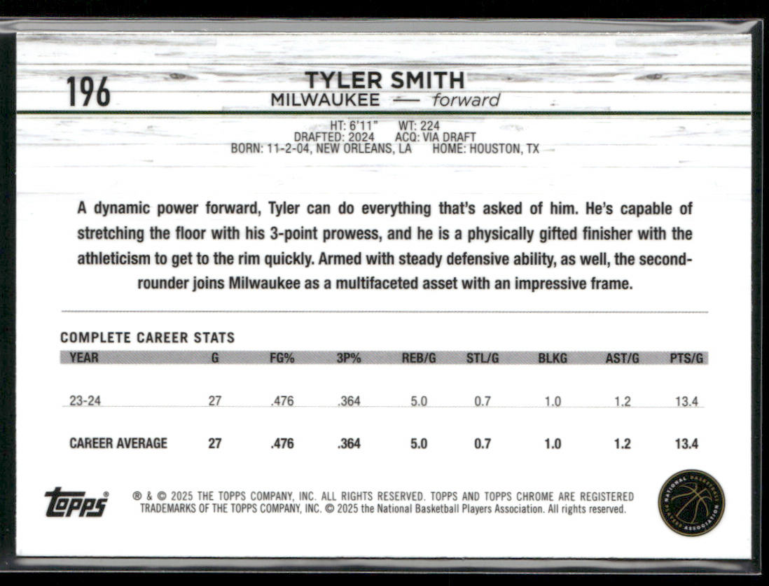 Tyler Smith 2024-25 Topps Chrome #196 RC Milwaukee Bucks
