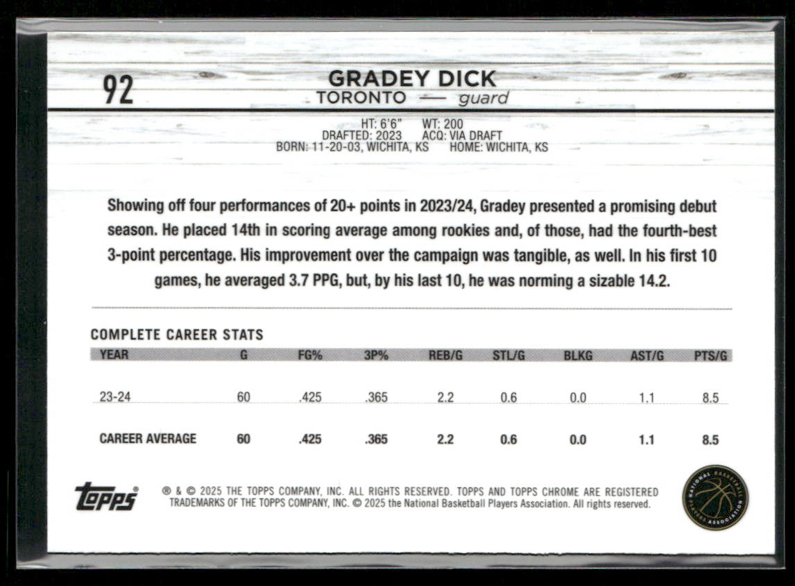 Gradey Dick 2024-25 Topps Chrome #92 Toronto Raptors back
