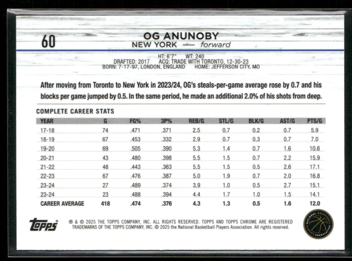 OG Anunoby 2024-25 Topps Chrome #60 New York Knicks back