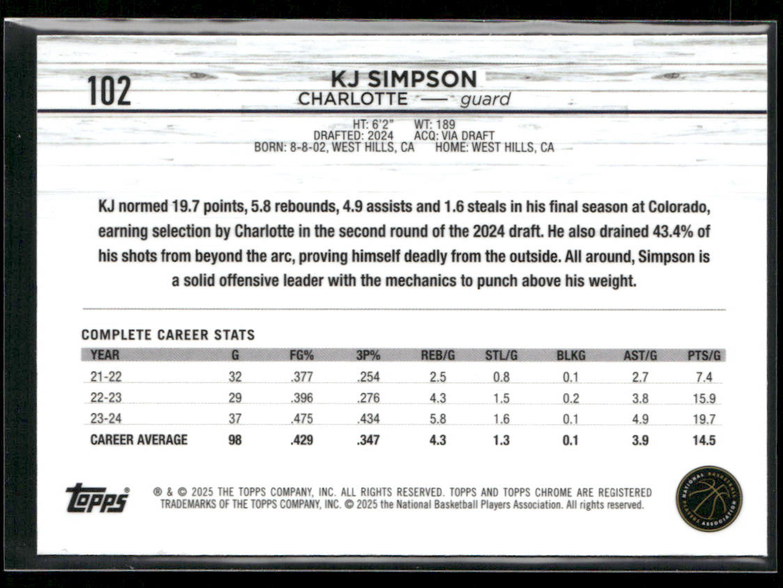 KJ Simpson 2024-25 Topps Chrome #102 RC Charlotte Hornets back