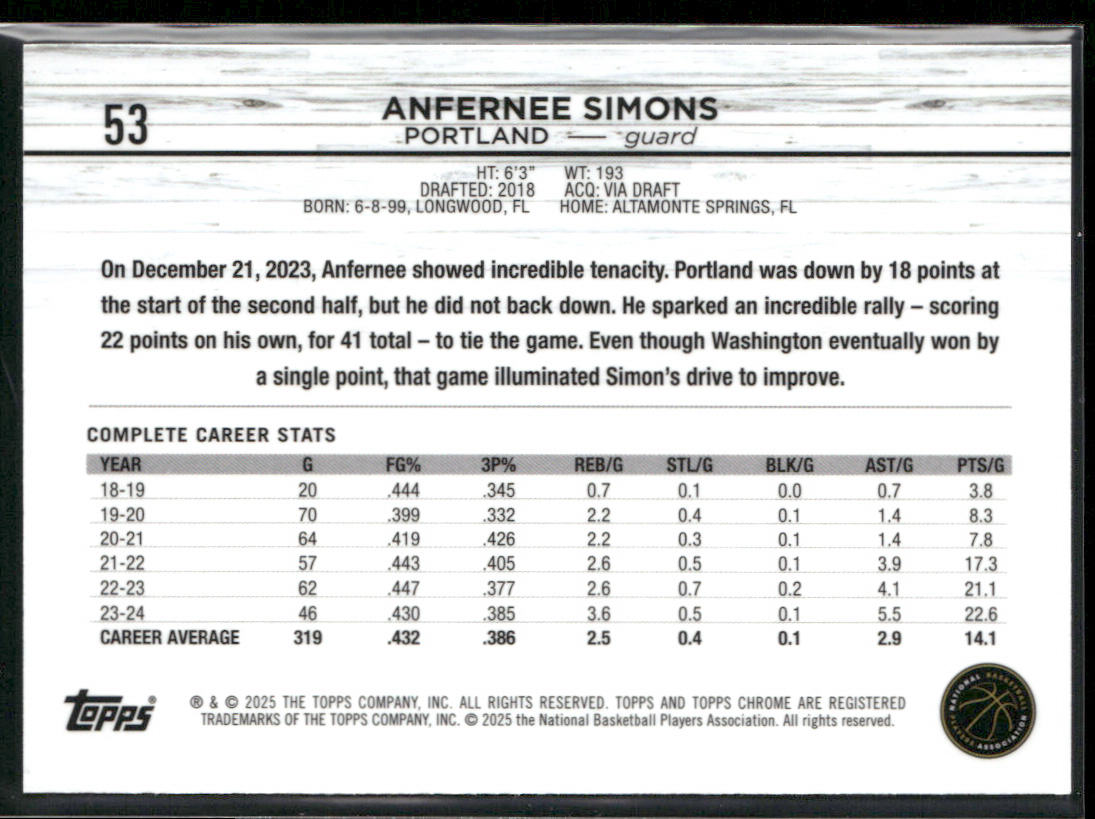 Anfernee Simons 2024-25 Topps Chrome #53 Portland Trail Blazers back