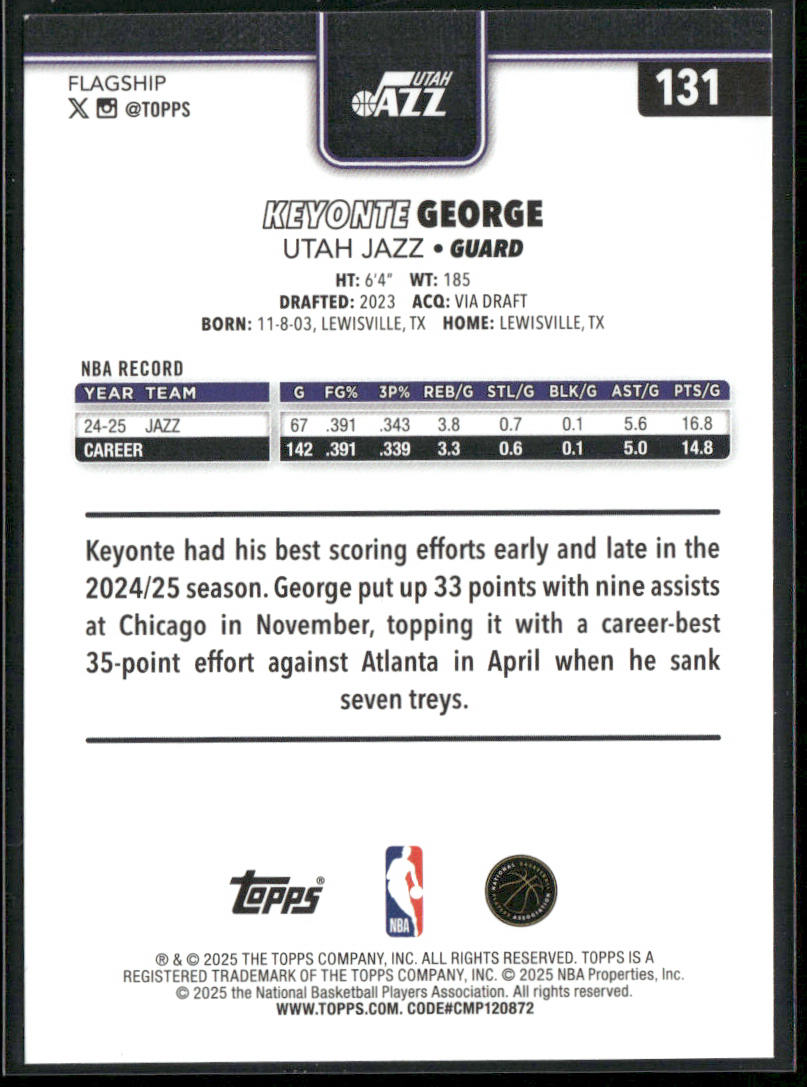 Keyonte George 2025-26 Topps #131 Utah Jazz back