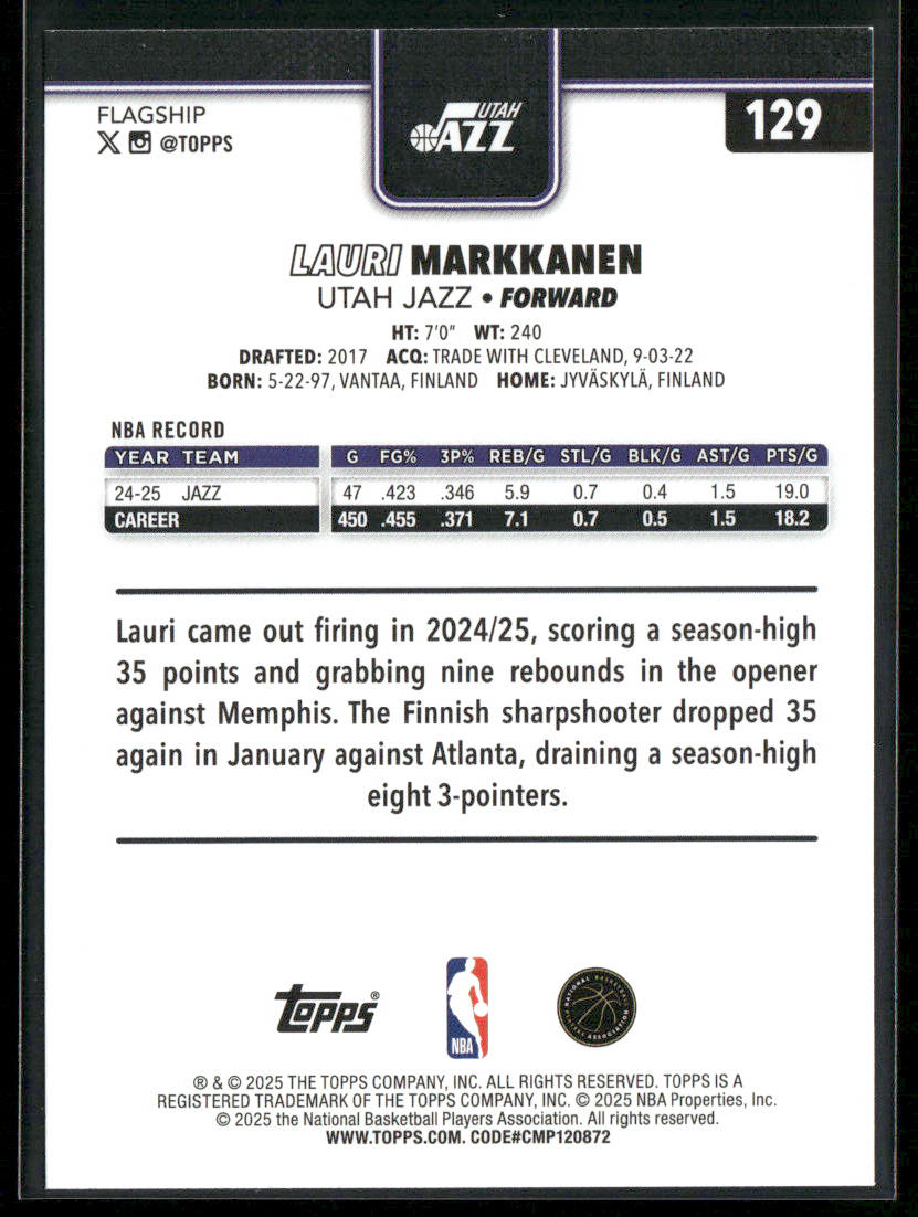 Lauri Markkanen 2025-26 Topps #129 Utah Jazz back