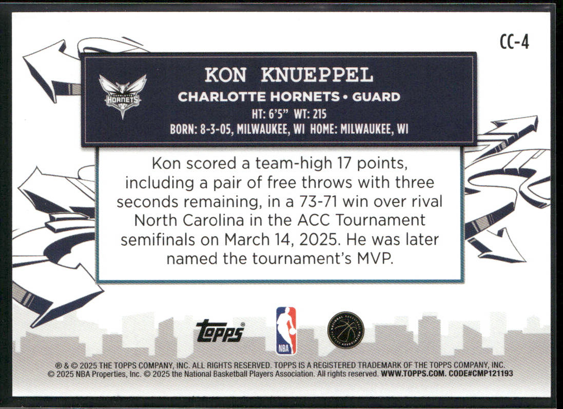 Kon Knueppel 2025-26 Topps - Clutch City Prospects #CC-4 Charlotte Hornets back
