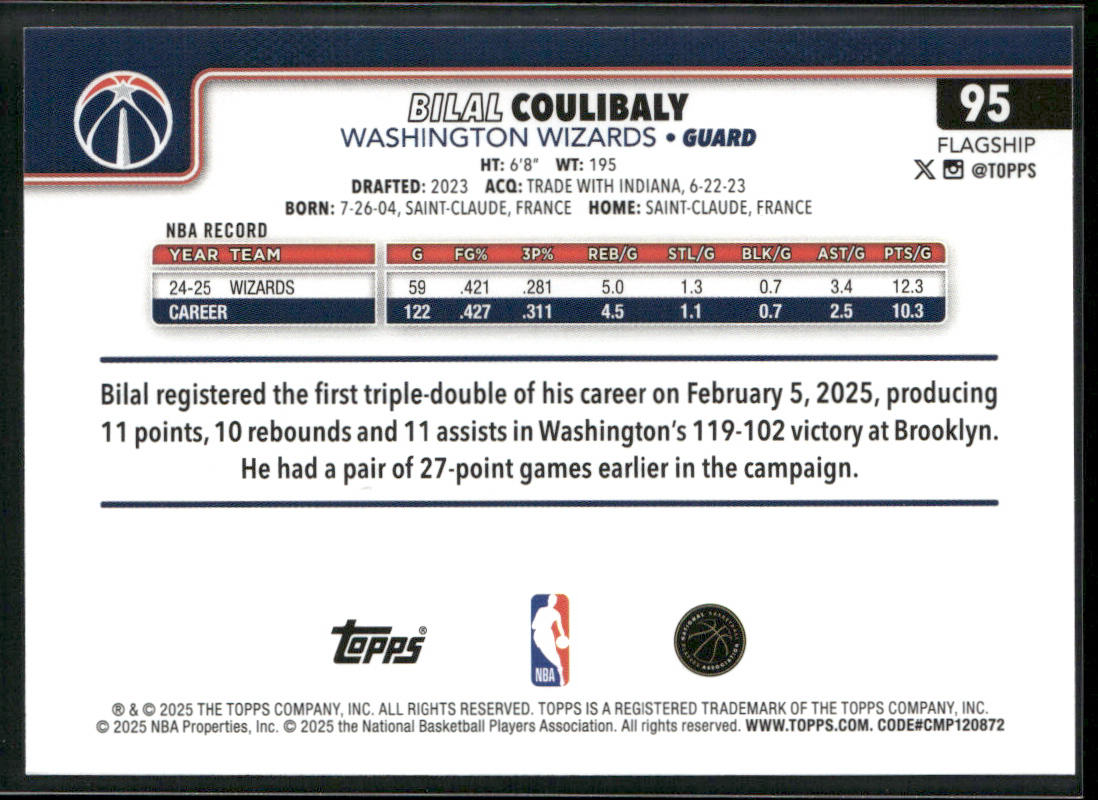 Bilal Coulibaly 2025-26 Topps #95 Washington Wizards back