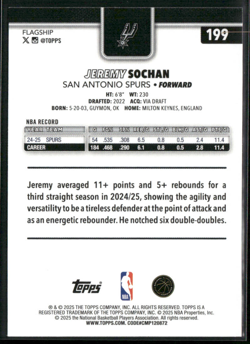 Jeremy Sochan 2025-26 Topps #199 San Antonio Spurs back