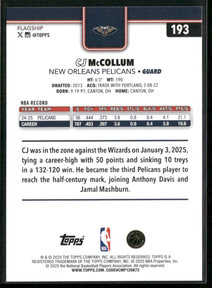 CJ McCollum 2025-26 Topps #193 New Orleans Pelicans back