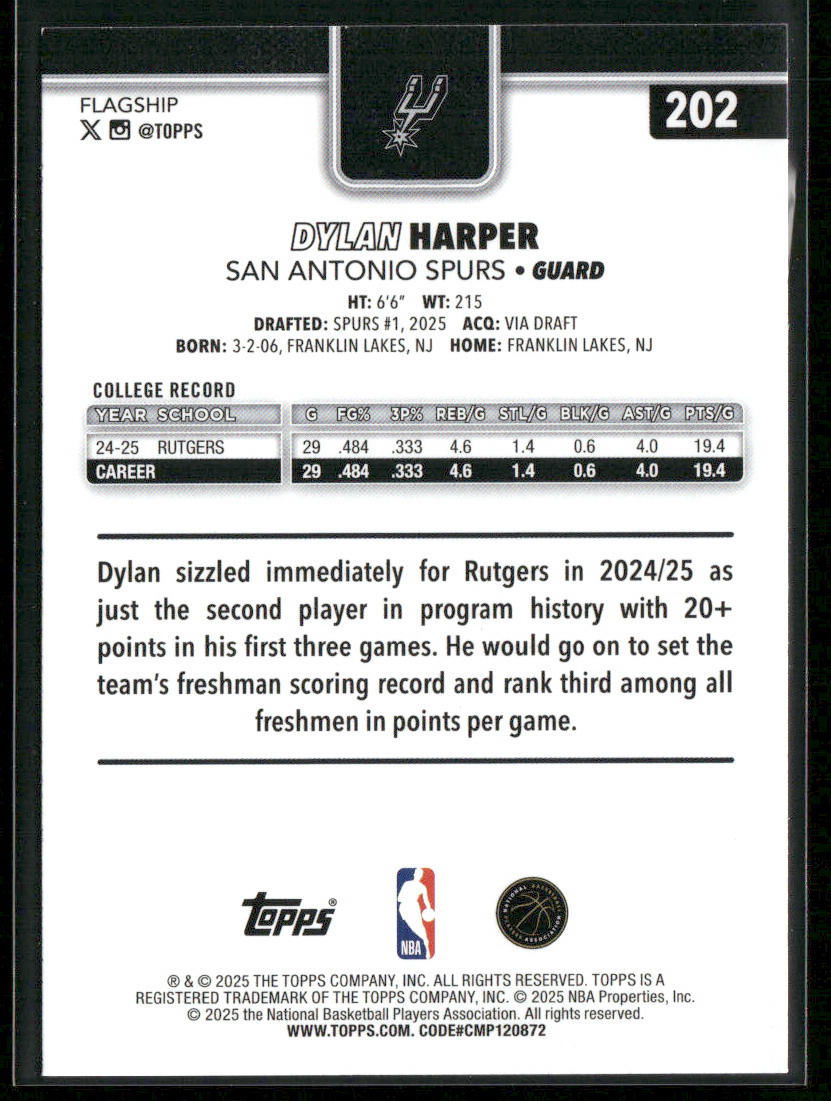 Dylan Harper 2025-26 Topps #202 RC San Antonio Spurs back