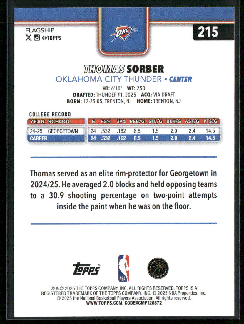 Thomas Sorber 2025-26 Topps #215 RC Oklahoma City Thunder back