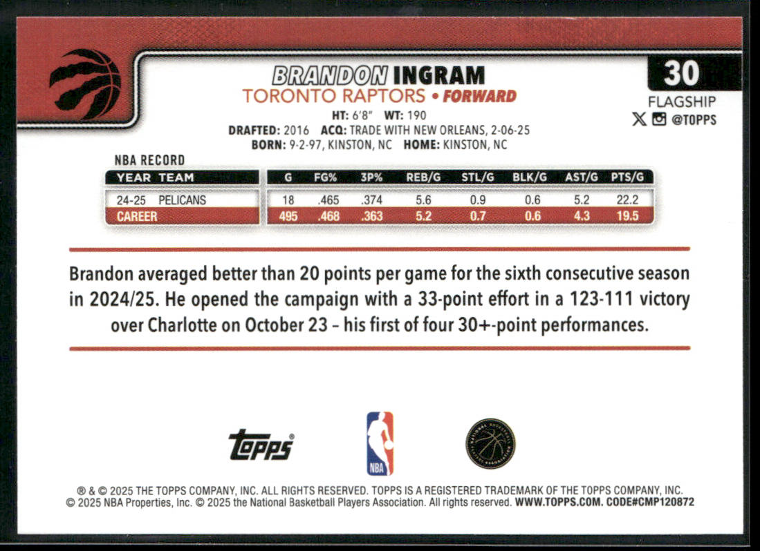 Brandon Ingram 2025-26 Topps #30 Toronto Raptors back