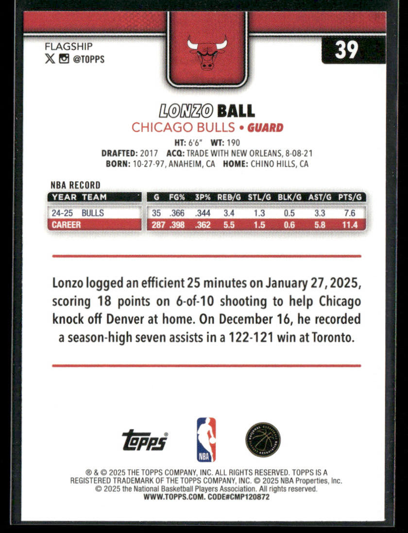 Lonzo Ball 2025-26 Topps #39 Chicago Bulls back