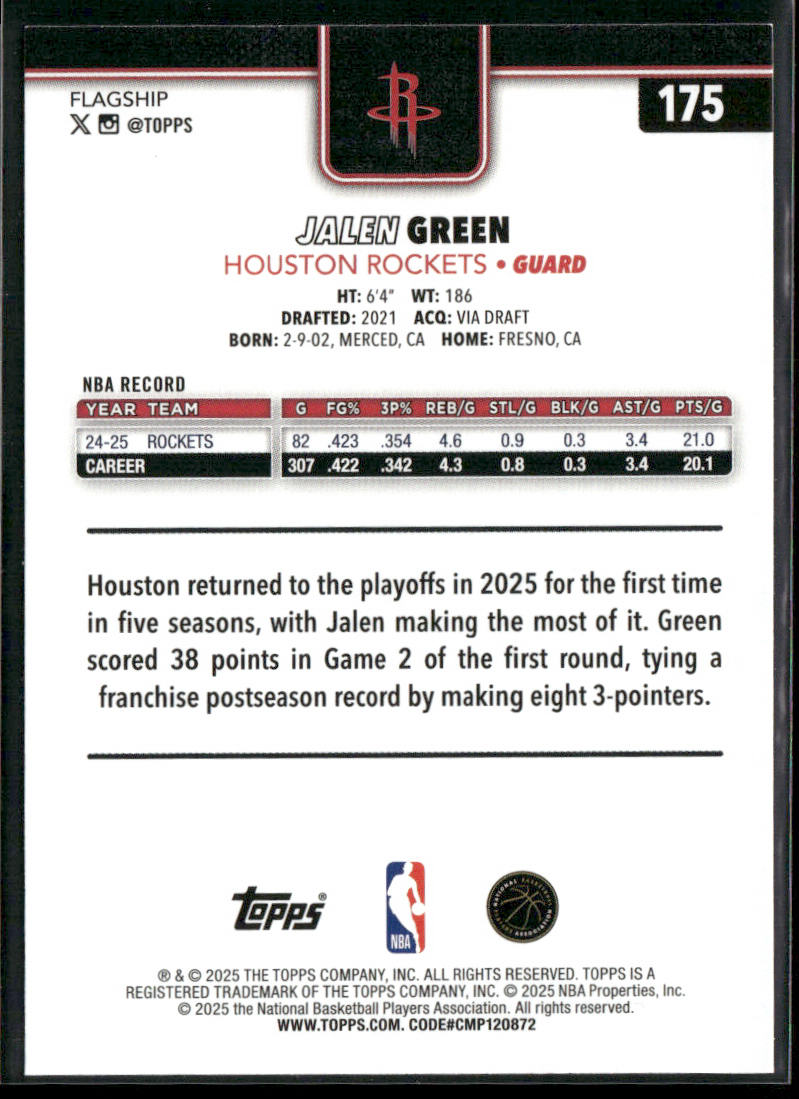 Jalen Green 2025-26 Topps #175 Houston Rockets back