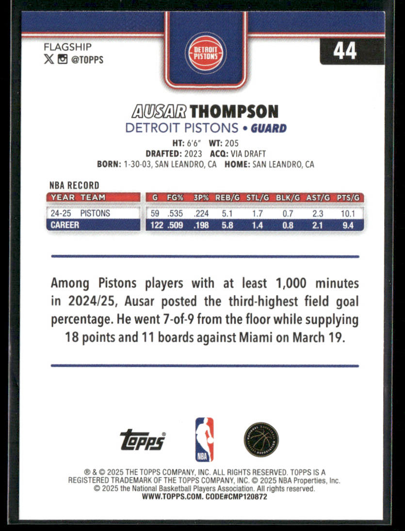 Ausar Thompson 2025-26 Topps #44 Detroit Pistons back