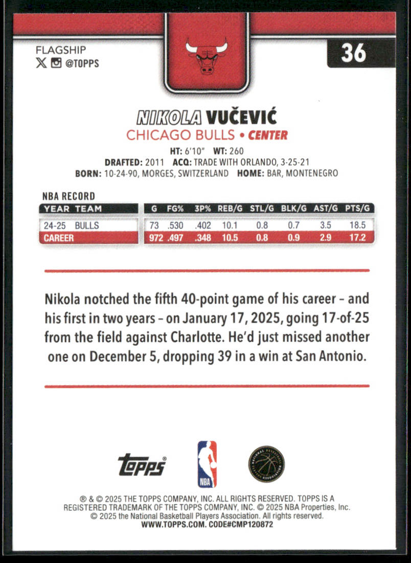 Nikola Vučević 2025-26 Topps #36 Chicago Bulls back