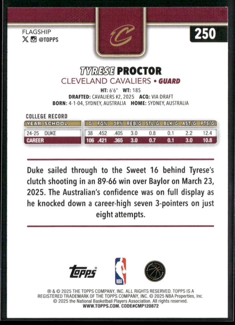 Tyrese Proctor 2025-26 Topps #250 RC Cleveland Cavaliers