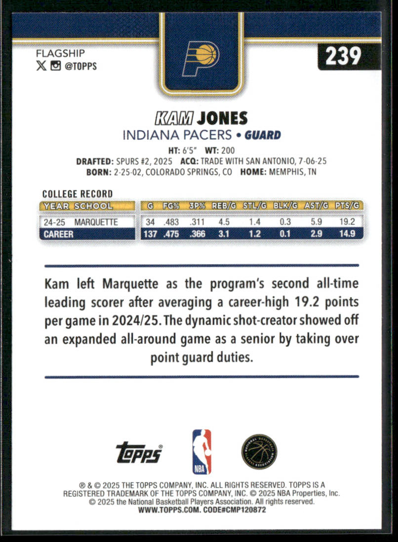 Kam Jones 2025-26 Topps #239 RC Indiana Pacers