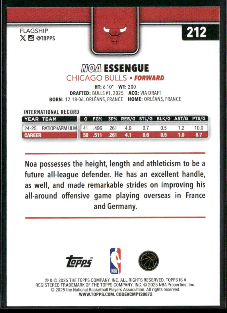 Noa Essengue 2025-26 Topps #212 RC Chicago Bulls back