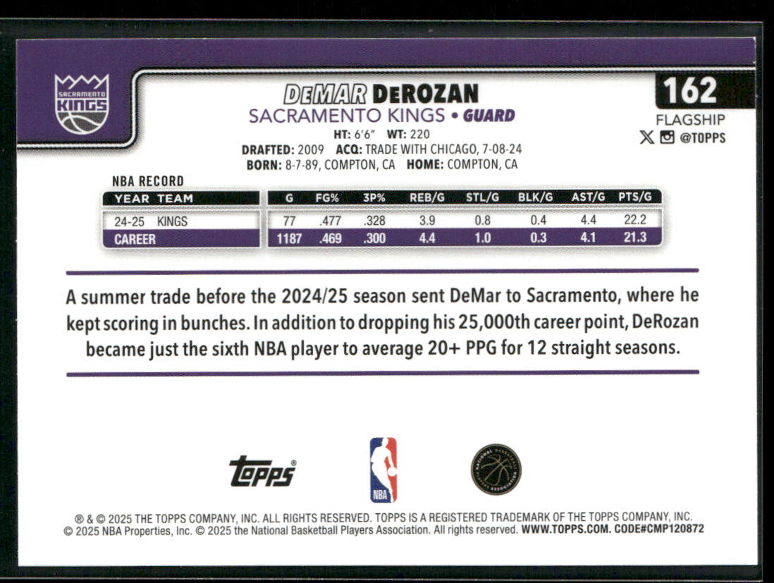 DeMar DeRozan 2025-26 Topps #162 Sacramento Kings back
