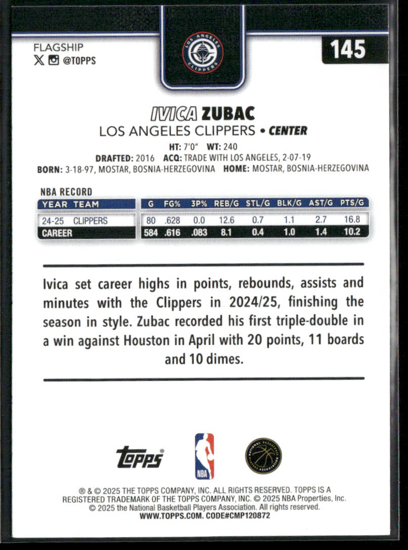 Ivica Zubac 2025-26 Topps #145 Los Angeles Clippers back