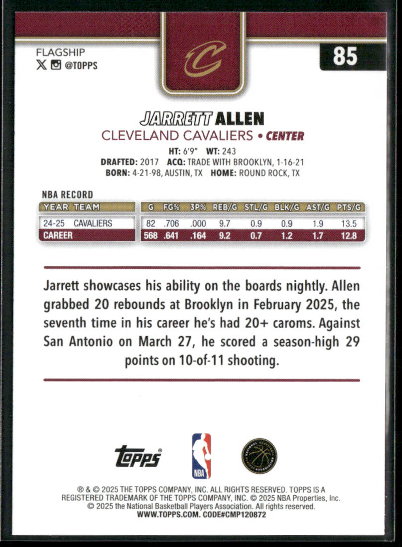 Jarrett Allen 2025-26 Topps #85 Cleveland Cavaliers back